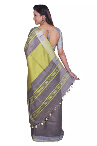 Handmade bhagalpuri linen saree with contrast border in dark grey shade with blouse piece