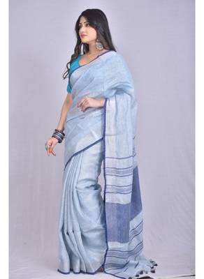 Handmade bhagalpuri linen saree with contrast border in light sky blue shade with blouse piece 2