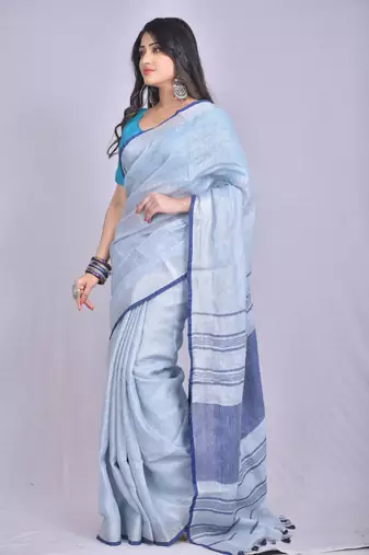 Handmade bhagalpuri linen saree with contrast border in light sky blue shade with blouse piece