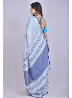 Handmade bhagalpuri linen saree with contrast border in light sky blue shade with blouse piece 3