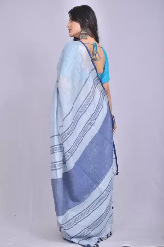 Handmade bhagalpuri linen saree with contrast border in light sky blue shade with blouse piece