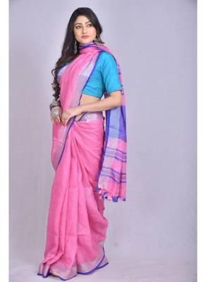 Handmade bhagalpuri linen saree with contrast border in pink shade with blouse piece 2