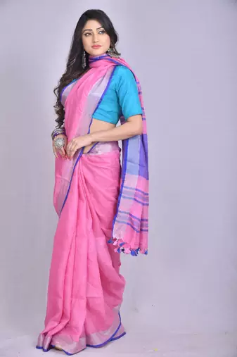Handmade bhagalpuri linen saree with contrast border in pink shade with blouse piece
