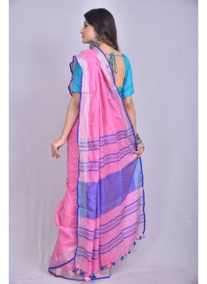 Handmade bhagalpuri linen saree with contrast border in pink shade with blouse piece 3