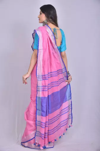 Handmade bhagalpuri linen saree with contrast border in pink shade with blouse piece