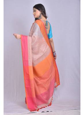 Handmade bhagalpuri linen saree with contrast border in light peach shade with blouse piece 3