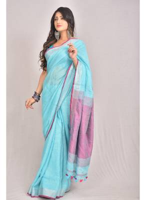 Handmade bhagalpuri linen saree with contrast border in blue shade with blouse piece 2