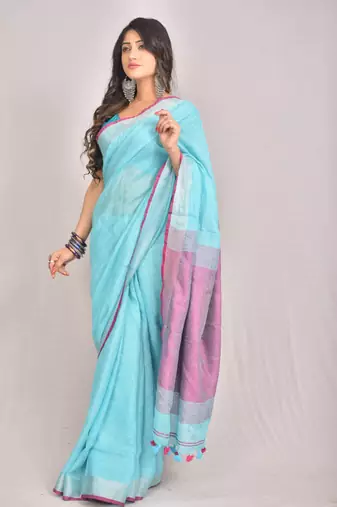 Handmade bhagalpuri linen saree with contrast border in blue shade with blouse piece