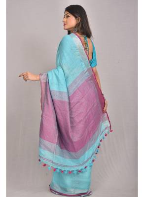 Handmade bhagalpuri linen saree with contrast border in blue shade with blouse piece 3