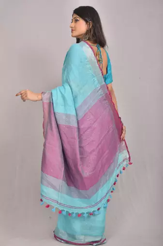 Handmade bhagalpuri linen saree with contrast border in blue shade with blouse piece