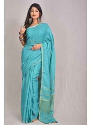 Handmade bhagalpuri linen saree with zari woven borders in blue shade with blouse piece 2
