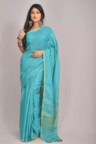 Handmade bhagalpuri linen saree with zari woven borders in blue shade with blouse piece