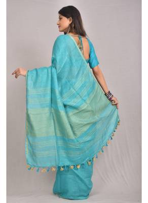 Handmade bhagalpuri linen saree with zari woven borders in blue shade with blouse piece 3