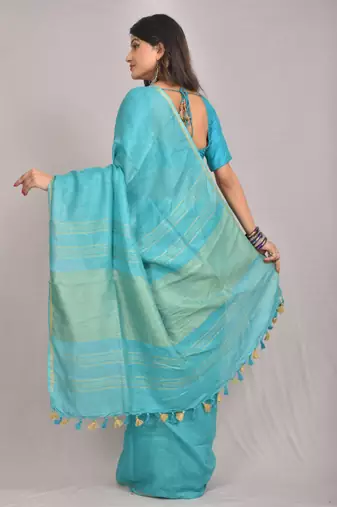 Handmade bhagalpuri linen saree with zari woven borders in blue shade with blouse piece