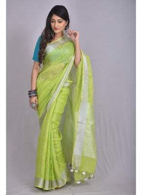 Handmade bhagalpuri linen saree with contrast border in neon green shade with blouse piece 2