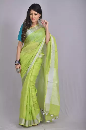 Handmade bhagalpuri linen saree with contrast border in neon green shade with blouse piece