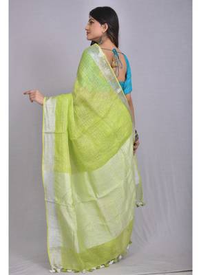 Handmade bhagalpuri linen saree with contrast border in neon green shade with blouse piece 3