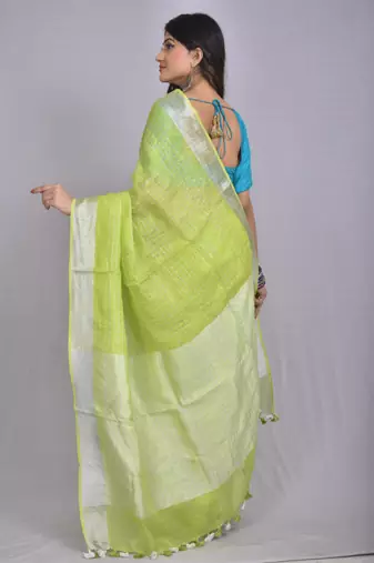Handmade bhagalpuri linen saree with contrast border in neon green shade with blouse piece