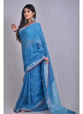 Handmade bhagalpuri linen saree with contrast border in drak blue shade with blouse piece 2