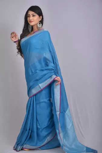 Handmade bhagalpuri linen saree with contrast border in drak blue shade with blouse piece
