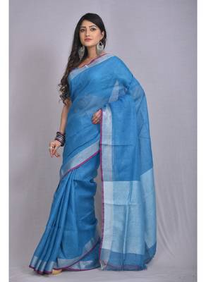 Handmade bhagalpuri linen saree with contrast border in drak blue shade with blouse piece 3