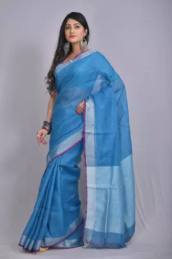 Handmade bhagalpuri linen saree with contrast border in drak blue shade with blouse piece