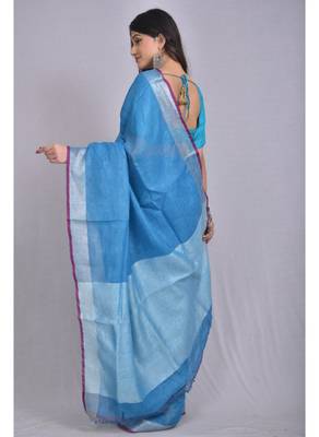 Handmade bhagalpuri linen saree with contrast border in drak blue shade with blouse piece 4