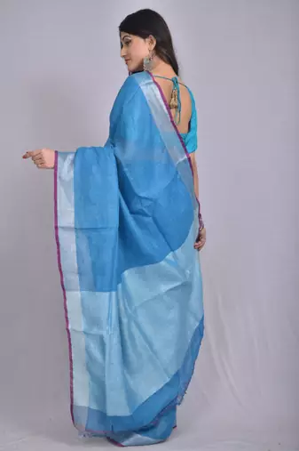 Handmade bhagalpuri linen saree with contrast border in drak blue shade with blouse piece