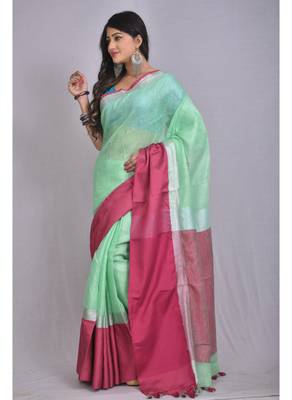Handmade bhagalpuri linen saree with contrast border in sea green shade with blouse piece 2