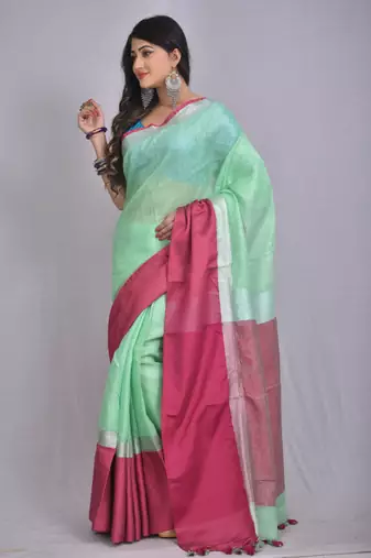 Handmade bhagalpuri linen saree with contrast border in sea green shade with blouse piece
