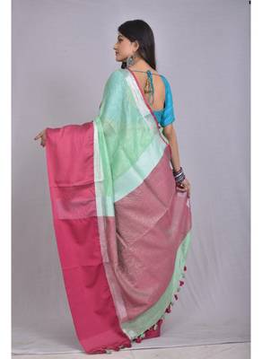 Handmade bhagalpuri linen saree with contrast border in sea green shade with blouse piece 3