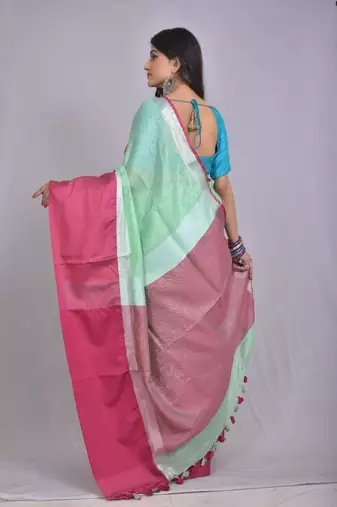 Handmade bhagalpuri linen saree with contrast border in sea green shade with blouse piece