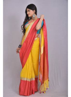 Handmade bhagalpuri linen saree with contrast border in mustard yellow shade with blouse piece 2