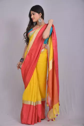 Handmade bhagalpuri linen saree with contrast border in mustard yellow shade with blouse piece