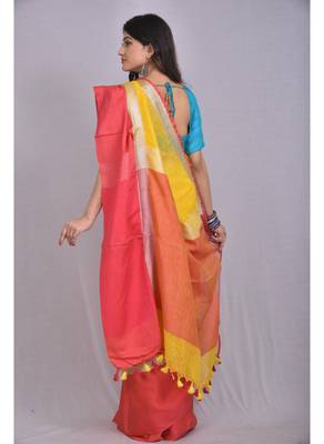 Handmade bhagalpuri linen saree with contrast border in mustard yellow shade with blouse piece 3