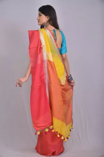 Handmade bhagalpuri linen saree with contrast border in mustard yellow shade with blouse piece