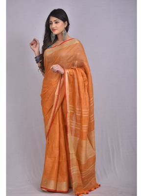 Handmade bhagalpuri linen saree with contrast border in orange shade with blouse piece 2