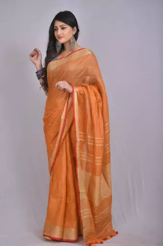 Handmade bhagalpuri linen saree with contrast border in orange shade with blouse piece