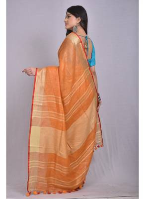 Handmade bhagalpuri linen saree with contrast border in orange shade with blouse piece 3