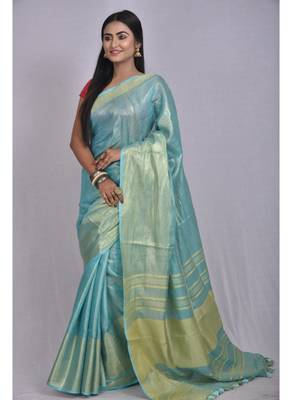 Handmade bhagalpuri tissue linen saree with contrast border in blue shade with blouse piece 2