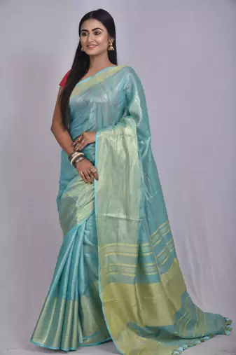 Handmade bhagalpuri tissue linen saree with contrast border in blue shade with blouse piece