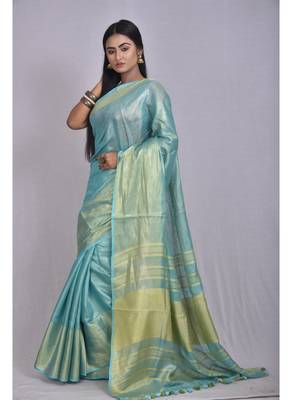 Handmade bhagalpuri tissue linen saree with contrast border in blue shade with blouse piece 3