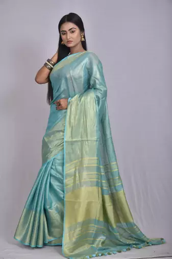 Handmade bhagalpuri tissue linen saree with contrast border in blue shade with blouse piece