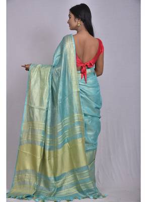 Handmade bhagalpuri tissue linen saree with contrast border in blue shade with blouse piece 4