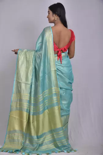Handmade bhagalpuri tissue linen saree with contrast border in blue shade with blouse piece
