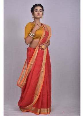 Handmade bhagalpuri linen saree with contrast border in red shade with blouse piece 2