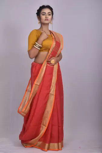 Handmade bhagalpuri linen saree with contrast border in red shade with blouse piece