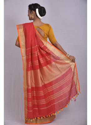 Handmade bhagalpuri linen saree with contrast border in red shade with blouse piece 3