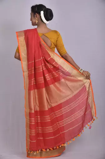 Handmade bhagalpuri linen saree with contrast border in red shade with blouse piece