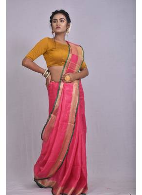 Handmade bhagalpuri linen saree with contrast border in dark pink shade with blouse piece 2